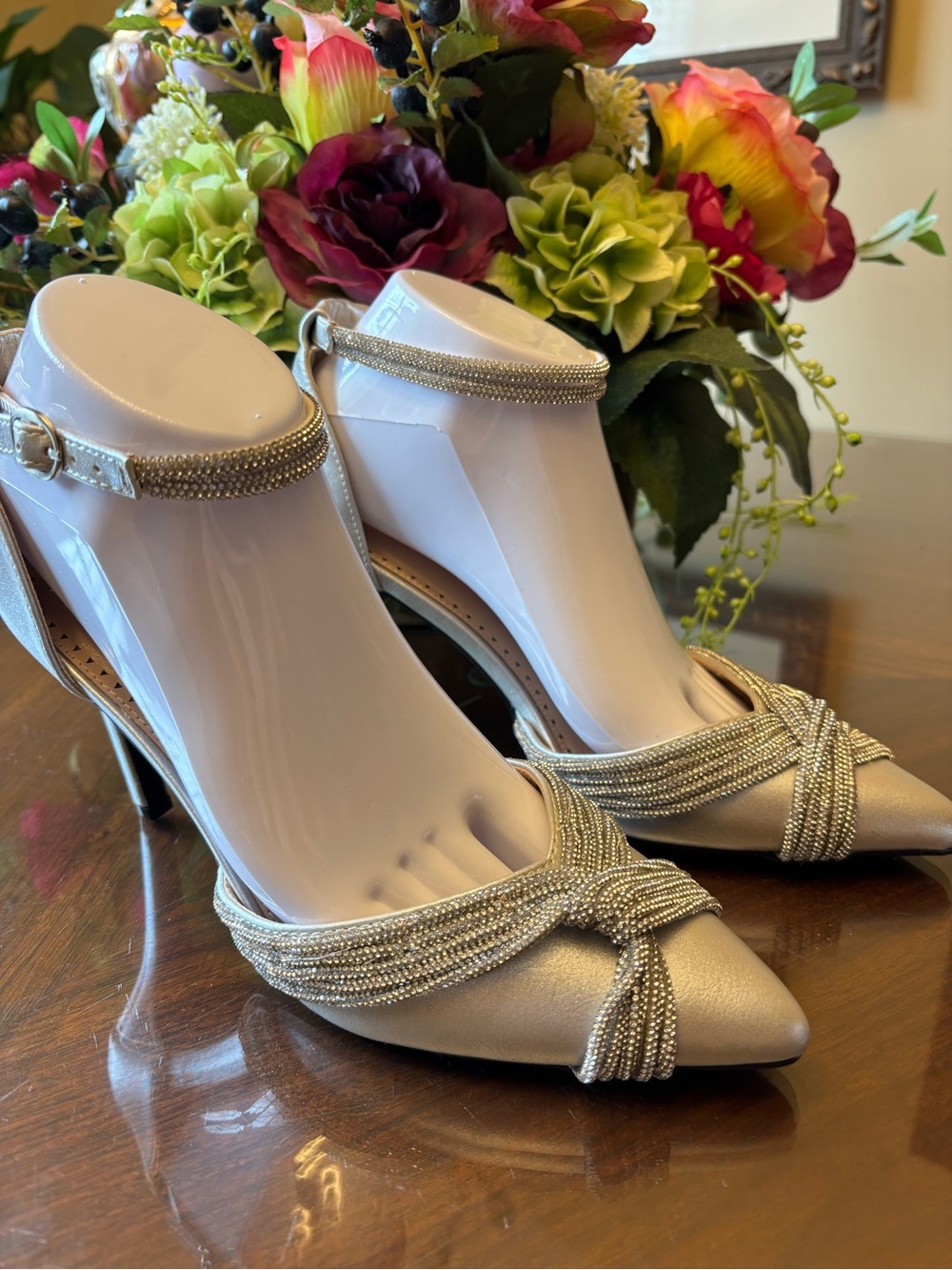 Adrienne Vittadini Metallic Silver Beaded Pointed-Toe Heels